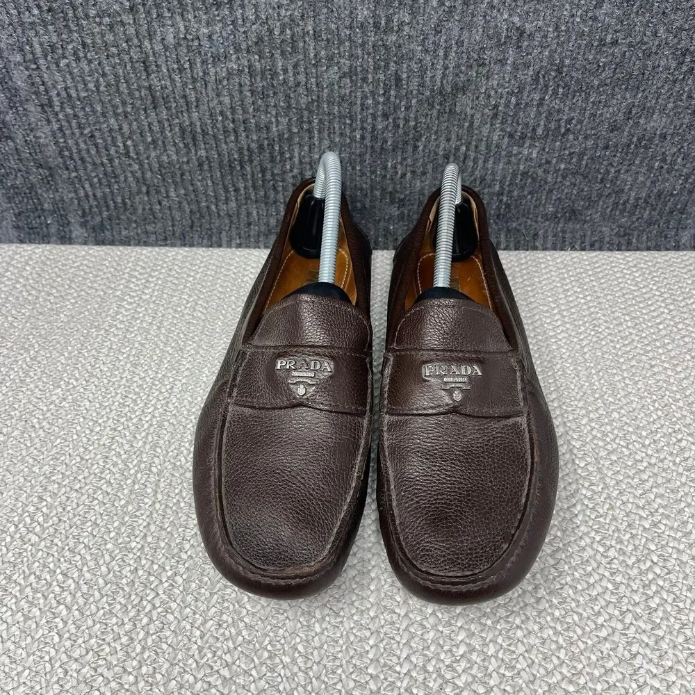 Prada Logo Pebbled Leather Driving Loafers Slip On Brown Italy Mens 7 2D2170